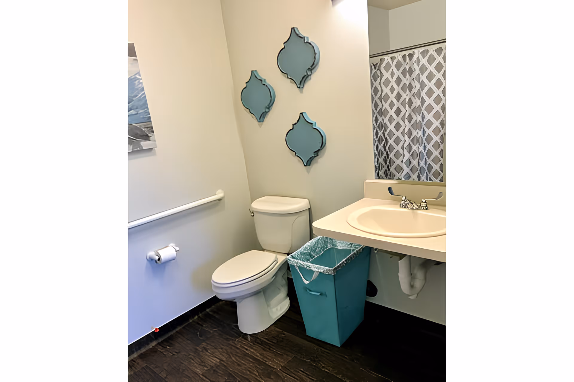 A clean bathroom with a white toilet, a white sink with a beige countertop, a teal trash bin, and a shower with a gray and white patterned curtain. Three decorative teal mirrors are mounted on the wall above the toilet, and a white grab bar is installed on the wall next to the toilet.