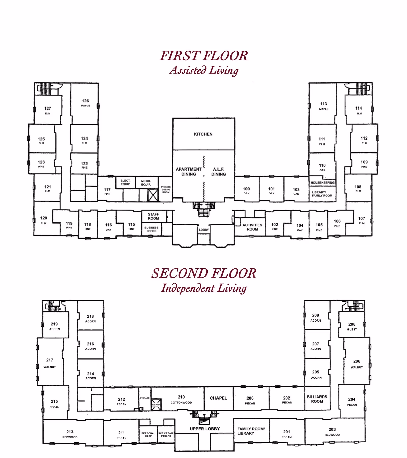 Architectural floor plan of Grandview Assisted and Independent Living facility showing the layout of the first floor for Assisted Living and the second floor for Independent Living. The first floor includes rooms labeled with tree names, a kitchen, apartment dining, A.L.F. dining, staff room, business office, activities room, library/family room, housekeeping, and lobby. The second floor includes rooms labeled with tree names, a chapel, upper lobby, family room/library, billiards room, ice cream parlor, and storage.