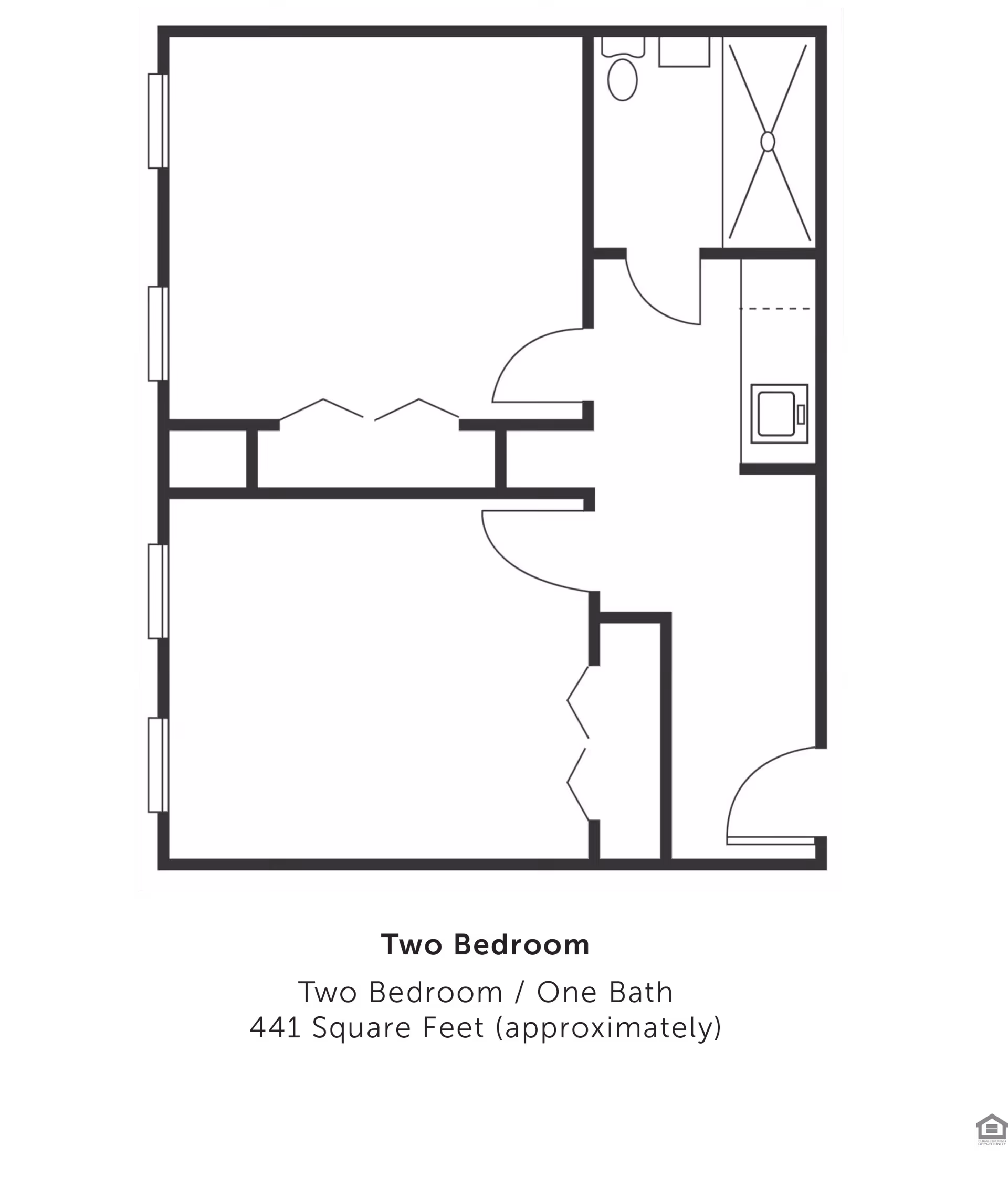 Floor plan of a two-bedroom, one-bath apartment with approximately 441 square feet. The layout includes two bedrooms, a bathroom with a shower, and a small kitchen area.