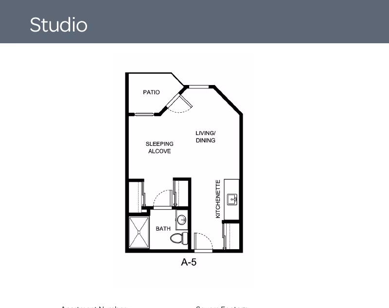 Floor plan of a studio apartment labeled A-5 showing a patio, sleeping alcove, living/dining area, kitchenette, and bathroom.