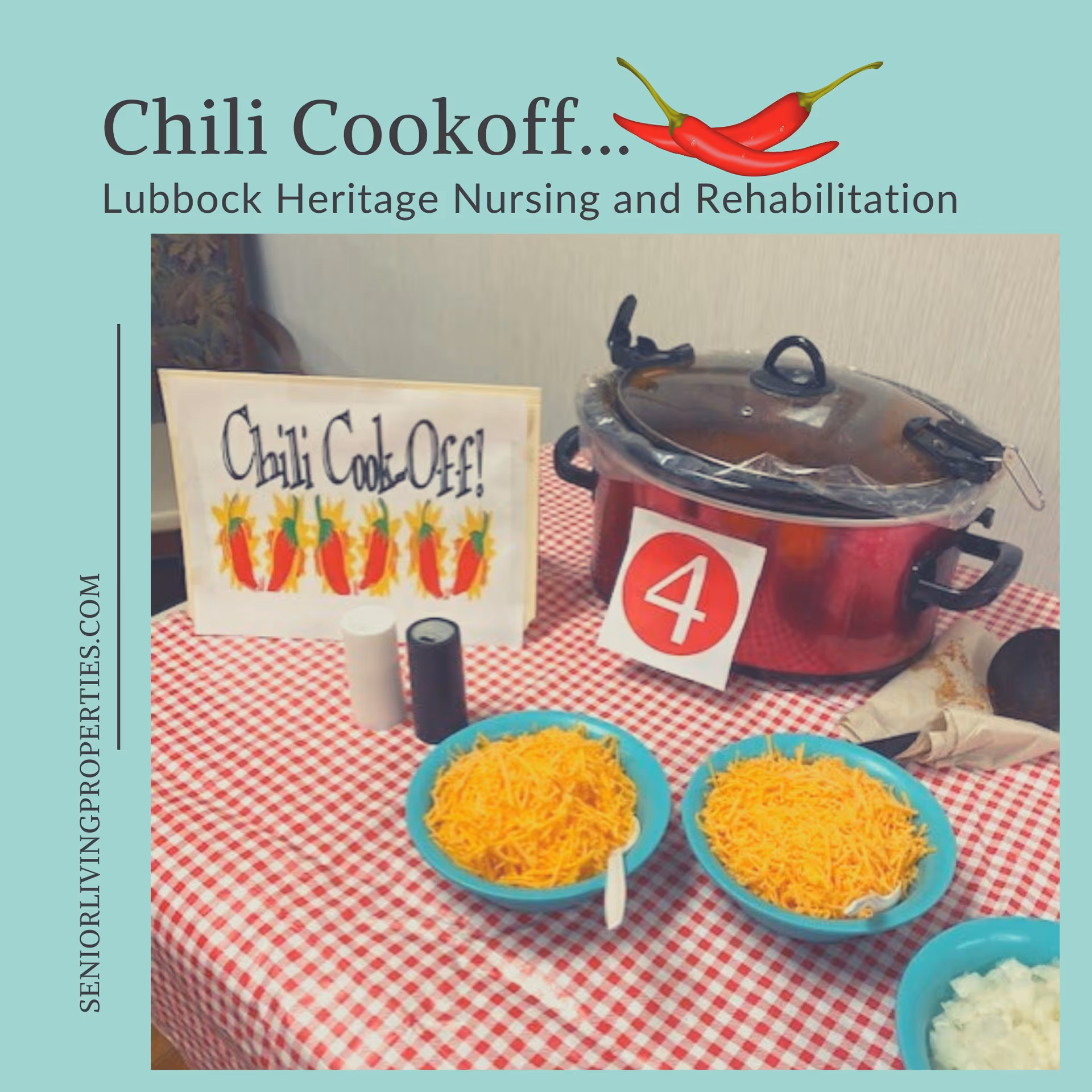 A chili cookoff setup at Lubbock Heritage Nursing and Rehabilitation with a red slow cooker labeled number 4, two bowls filled with shredded cheese, a bowl of chopped onions, salt and pepper shakers, and a sign that reads 'Chili Cook-Off!' on a red and white checkered tablecloth.