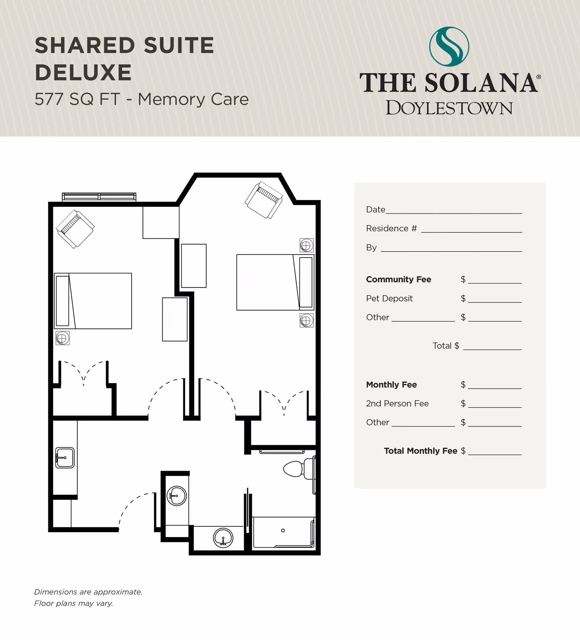 Floor plan layout of a shared deluxe suite for memory care at The Solana Doylestown, showing two bedrooms each with a bed and chair, a bathroom with a toilet and bathtub, and a small sink area. The plan includes spaces for community and monthly fee details on the right side.
