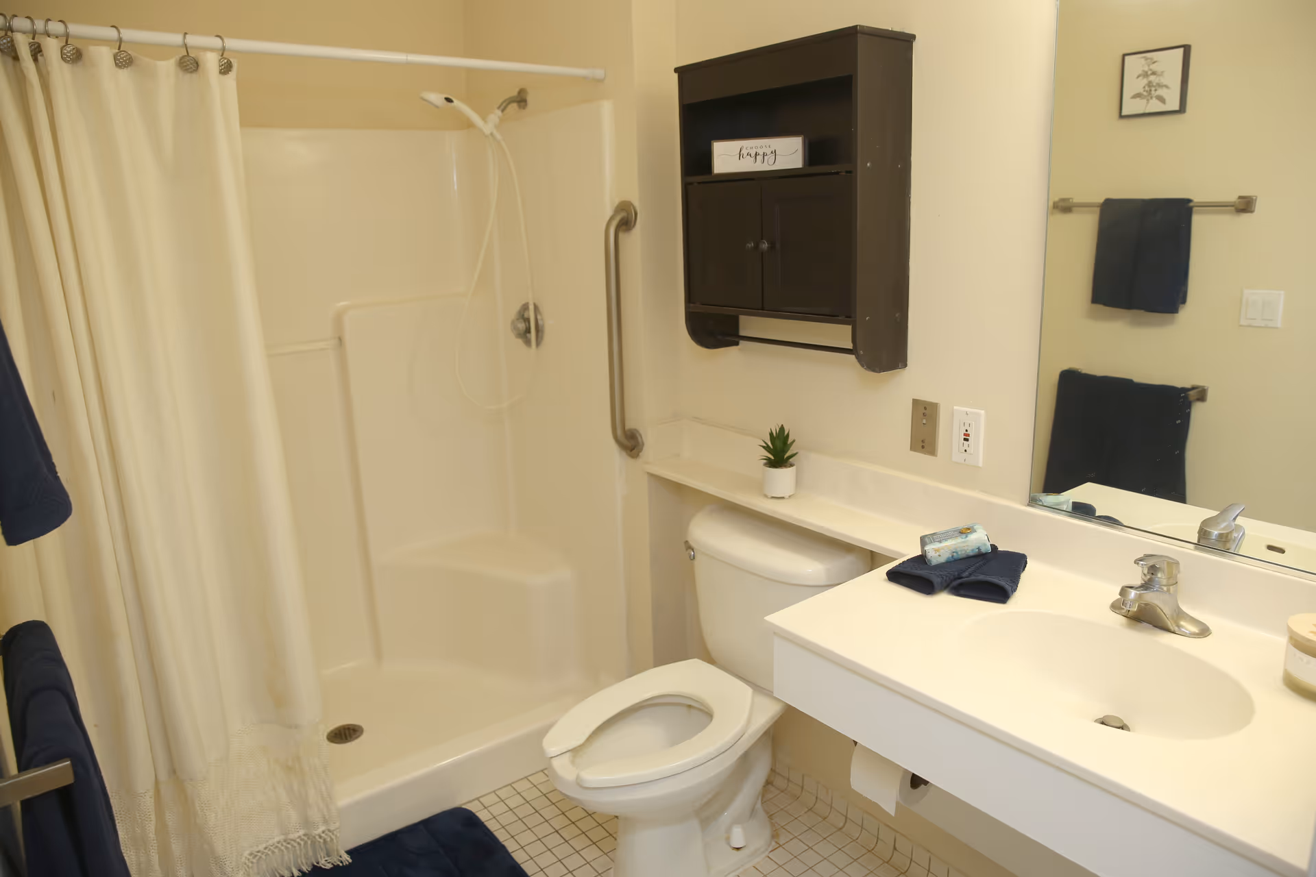 A clean bathroom featuring a white shower with a curtain, a toilet, a sink with a faucet, a large mirror, and a small dark wooden cabinet mounted on the wall. There are navy blue towels hanging on towel racks and a small potted plant on the counter.