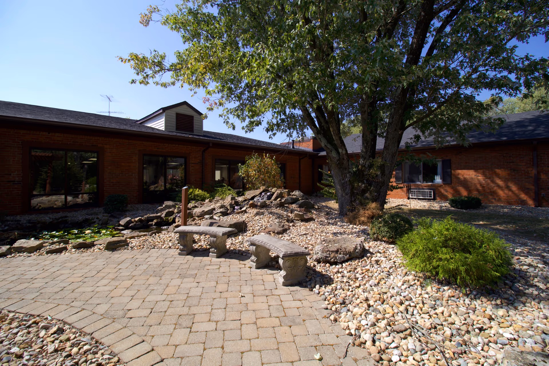 Outdoor courtyard area with a large tree, stone benches, a small pond with lily pads, and a brick building in the background under a clear blue sky.