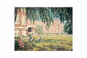 Residents sit on lawn chairs outside a brick building under shade trees.