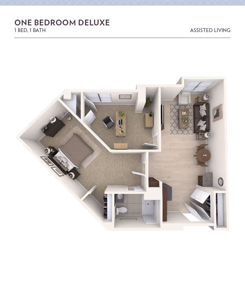 3D floor plan of a one-bedroom deluxe assisted living apartment featuring a bedroom with a bed and nightstands, a bathroom with a shower and toilet, a living room with a sofa, armchair, coffee table, and a small dining area with a round table and chairs, and an office area with a desk and chair.