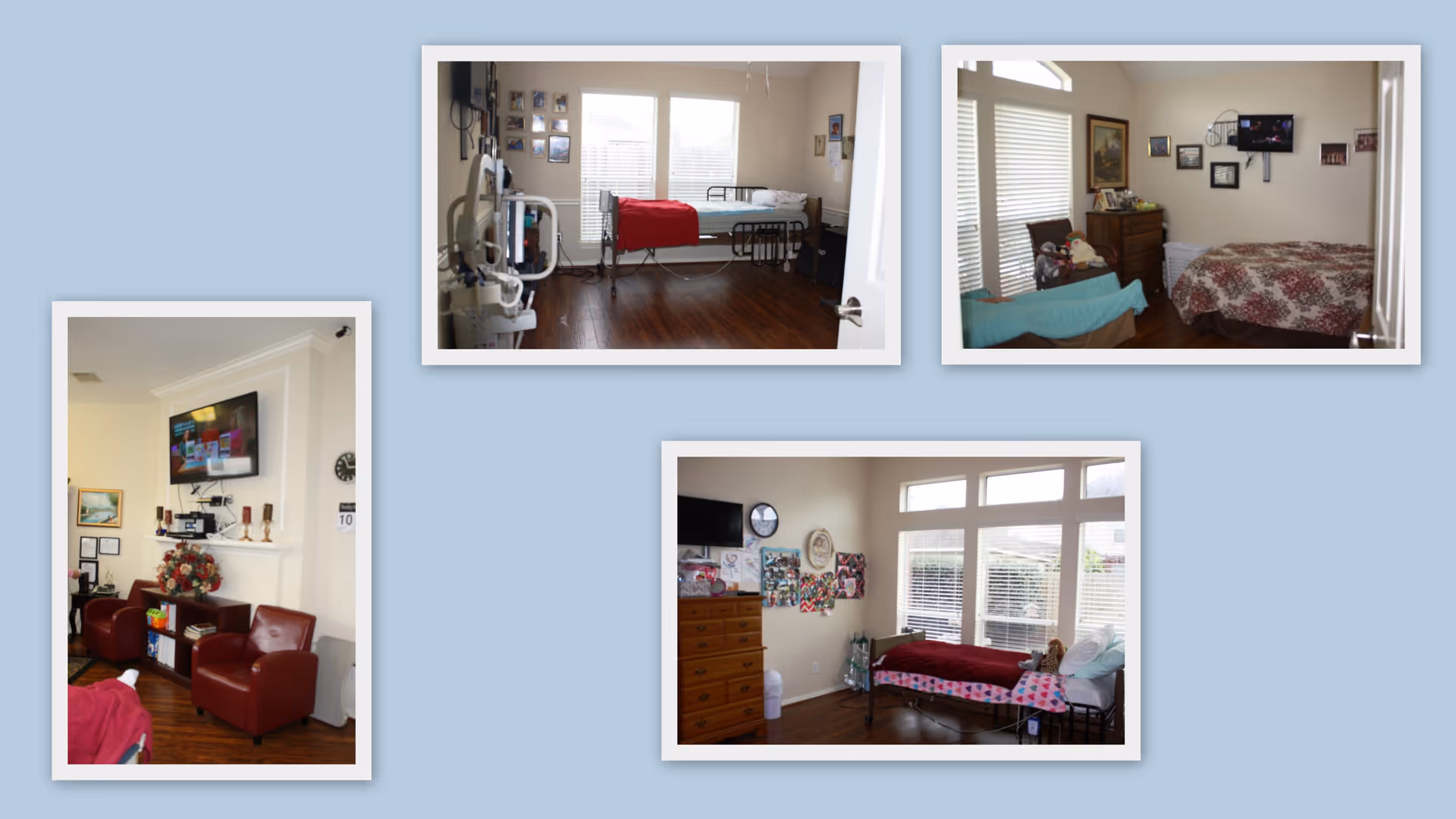 Collage of four interior images from Autumn Springs Home Care Communities Atascocita showing different rooms. One image shows a small sitting area with two red chairs, a TV mounted on the wall, and a bookshelf with decorations. Two images show bedrooms with hospital-style beds, dressers, and windows with blinds. One bedroom has a red blanket on the bed and medical equipment nearby. Another bedroom has a floral bedspread and a TV mounted on the wall. The last image shows a bedroom with a bed covered with a red blanket and stuffed animals, a dresser, and a wall clock.