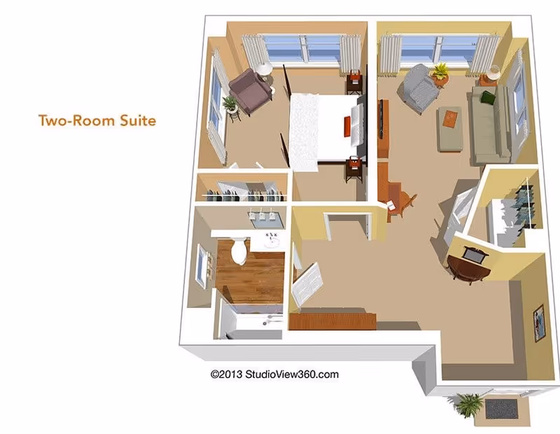 3D floor plan of a two-room suite showing a bedroom with a bed, nightstands, and a chair; a living room with a sofa, armchair, coffee table, TV, and desk; a bathroom with a toilet, sink, and bathtub; and closets. The suite has windows with curtains and a small entryway with a plant.