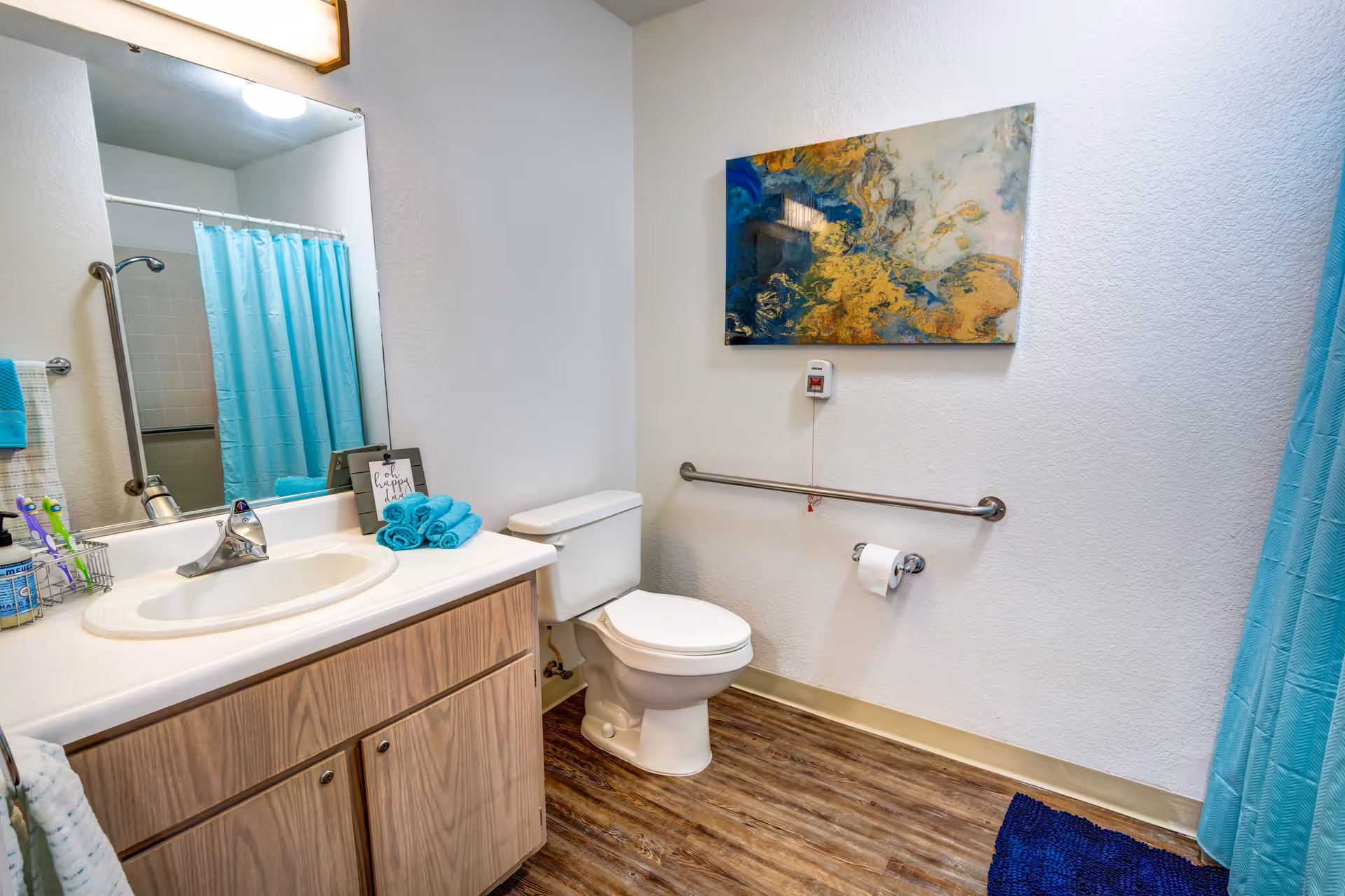 Accessible bathroom with a sink and vanity, toilet with wall grab bar, and turquoise shower curtain and towels.