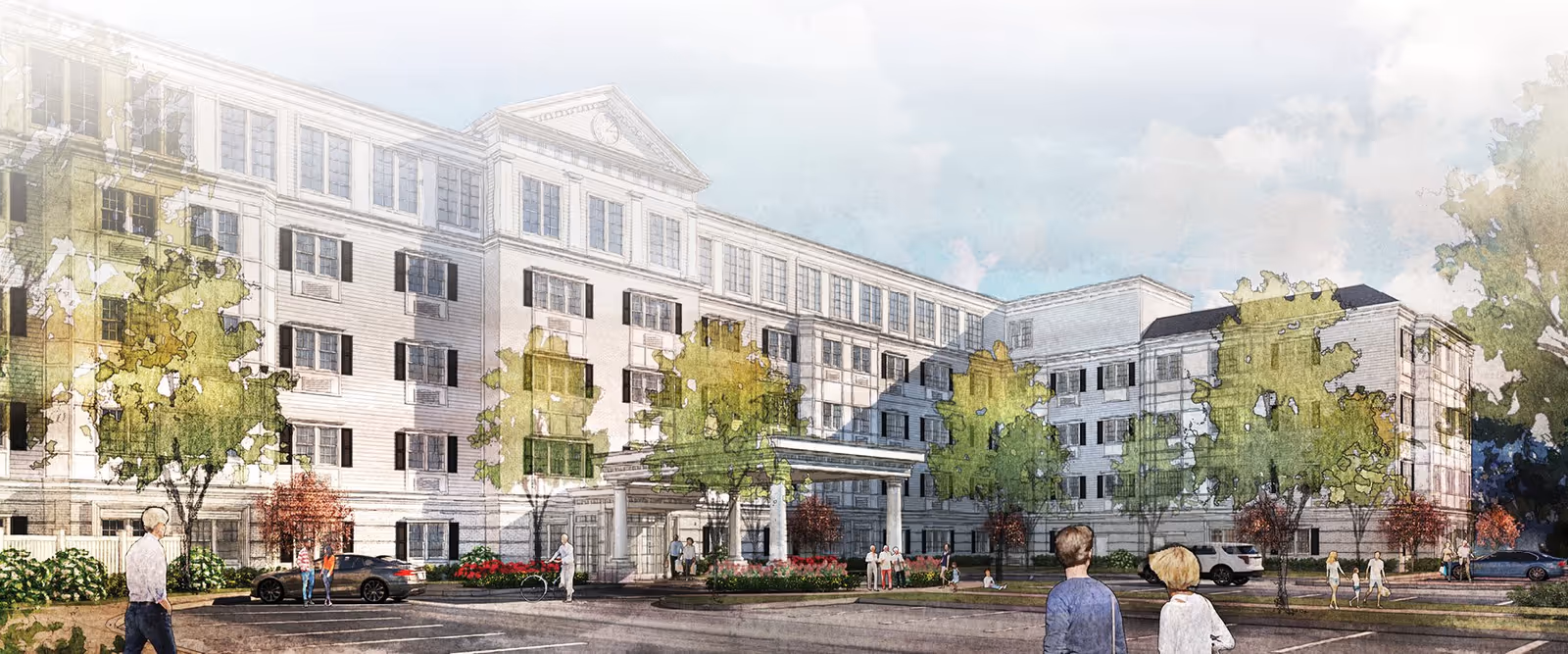 Watercolor-style rendering of the front exterior of a multi-story senior living building with trees, parked cars and people in the foreground.