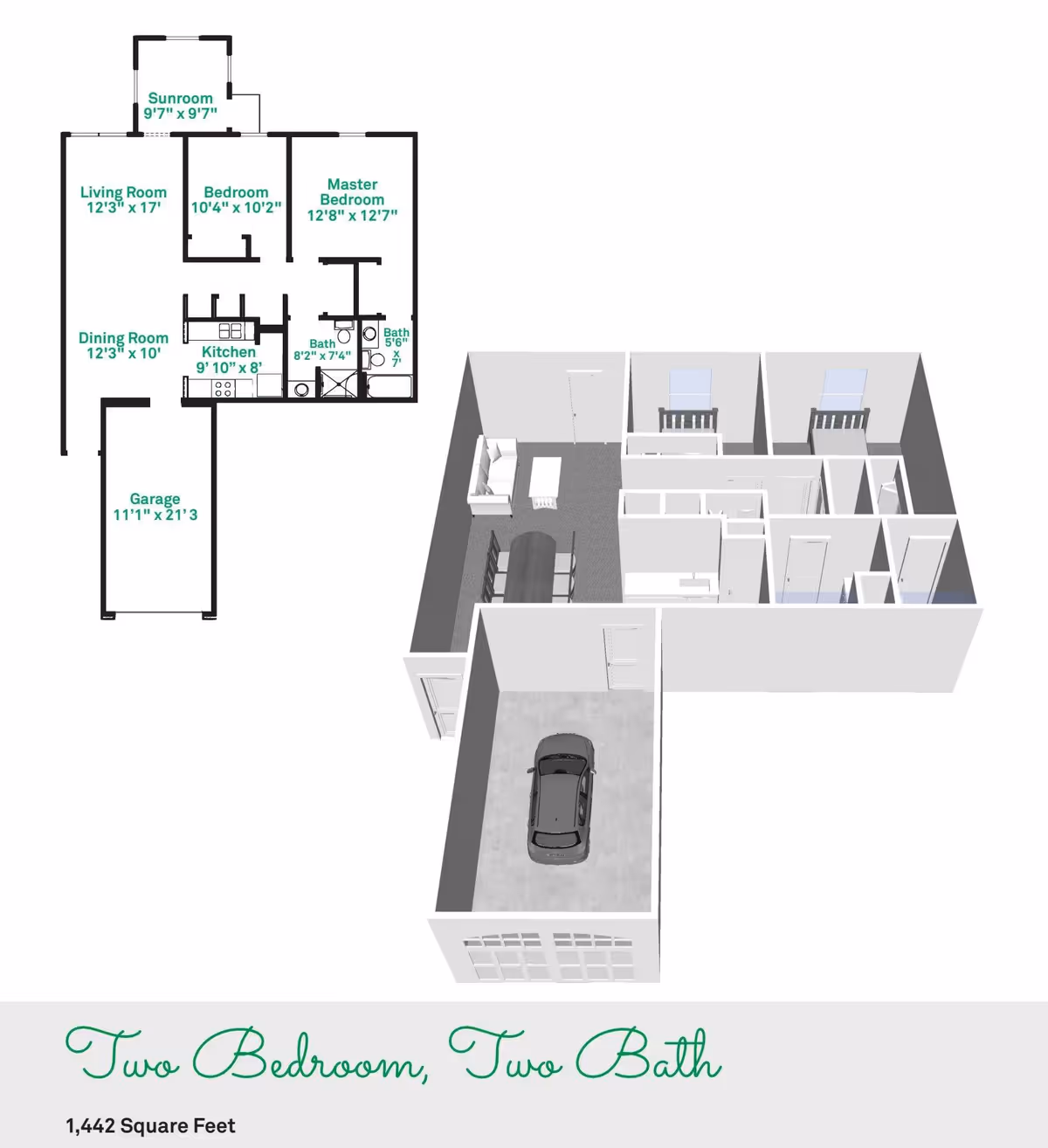 Floor plan and 3D layout of a two-bedroom, two-bathroom assisted living unit with a garage, living room, dining room, kitchen, sunroom, and master bedroom. The total area is 1,442 square feet.
