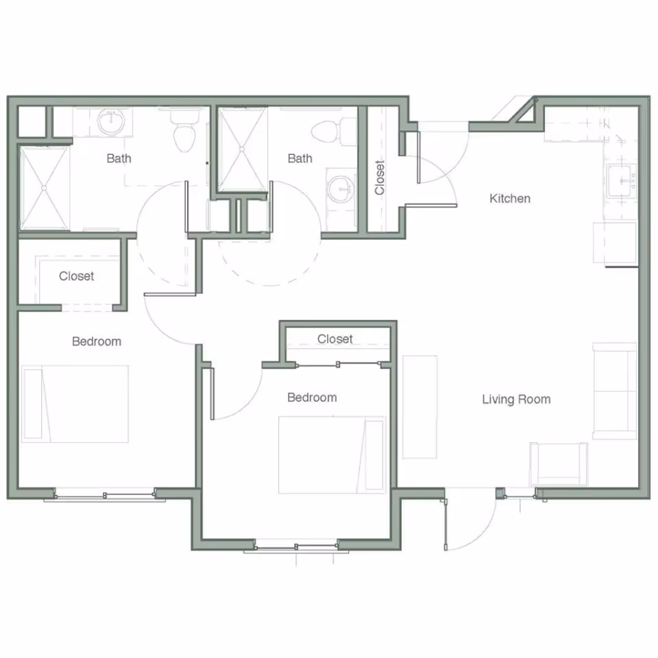 Architectural floor plan showing a two-bedroom, two-bath apartment layout with kitchen, living room, and closets.