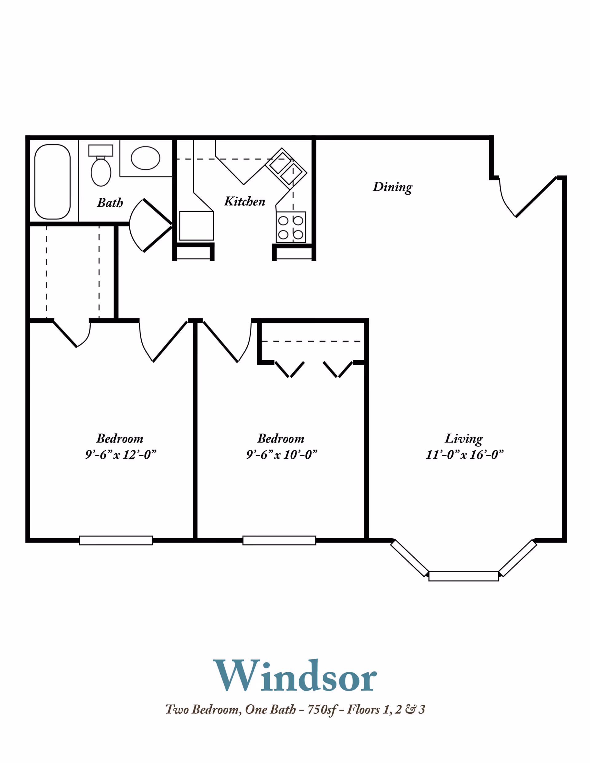 Floor plan labeled Windsor showing two bedrooms, one bathroom, kitchen, dining area, and living room. The bedrooms measure 9'-6" x 12'-0" and 9'-6" x 10'-0". The living room measures 11'-0" x 16'-0". The plan indicates a total area of 750 square feet and is available on floors 1, 2, and 3.