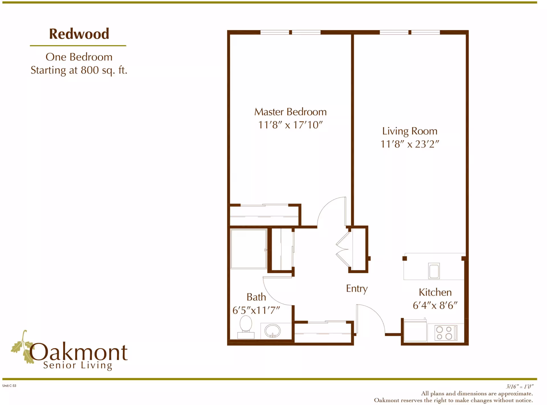 Floor plan of the Oakmont 'Redwood' one-bedroom apartment showing master bedroom, living room, kitchen, bath, and entry with room dimensions.