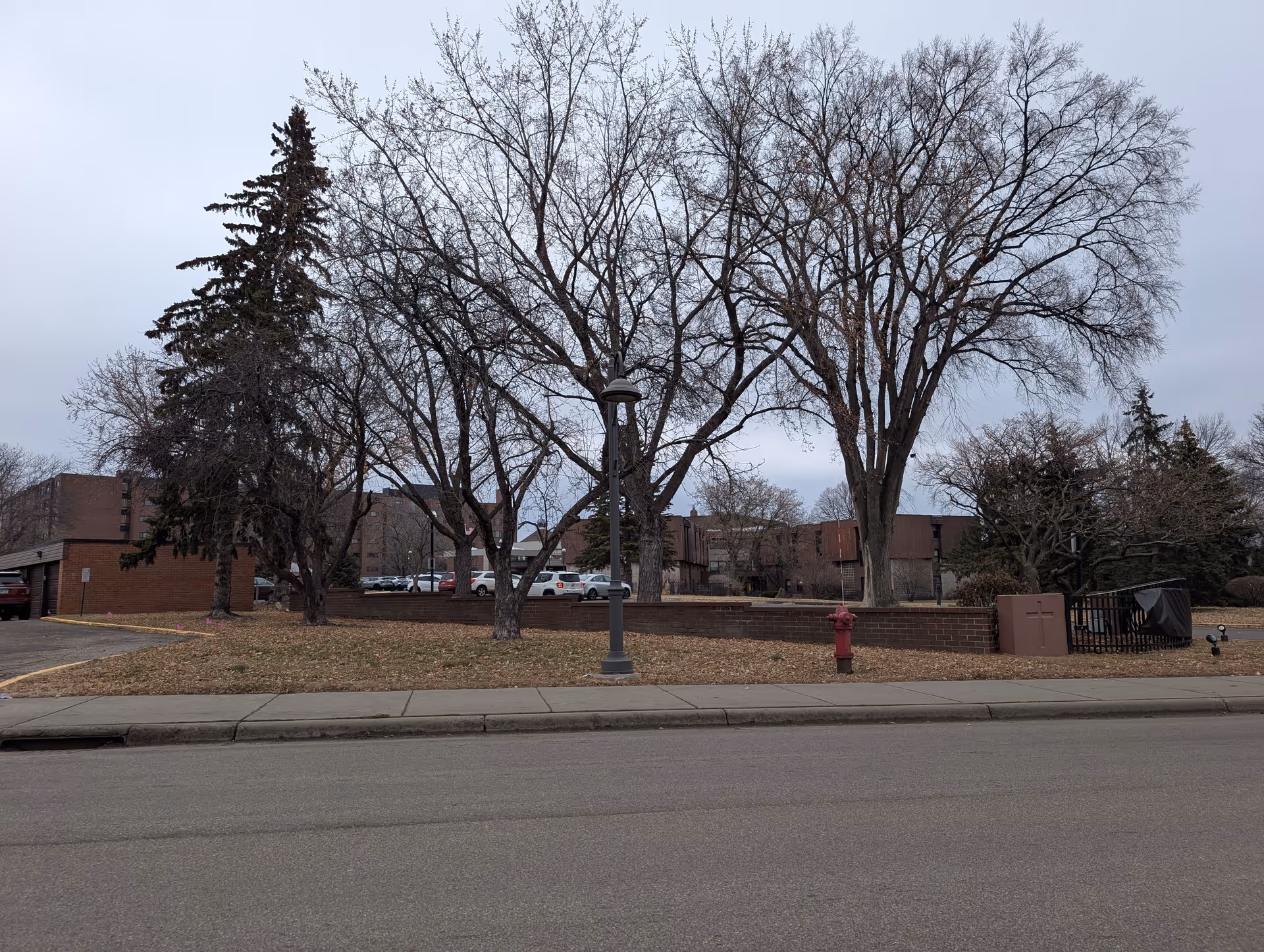 Exterior street view of the senior living facility with leafless trees, a brick entry wall, lamp post, parked cars and a fire hydrant.