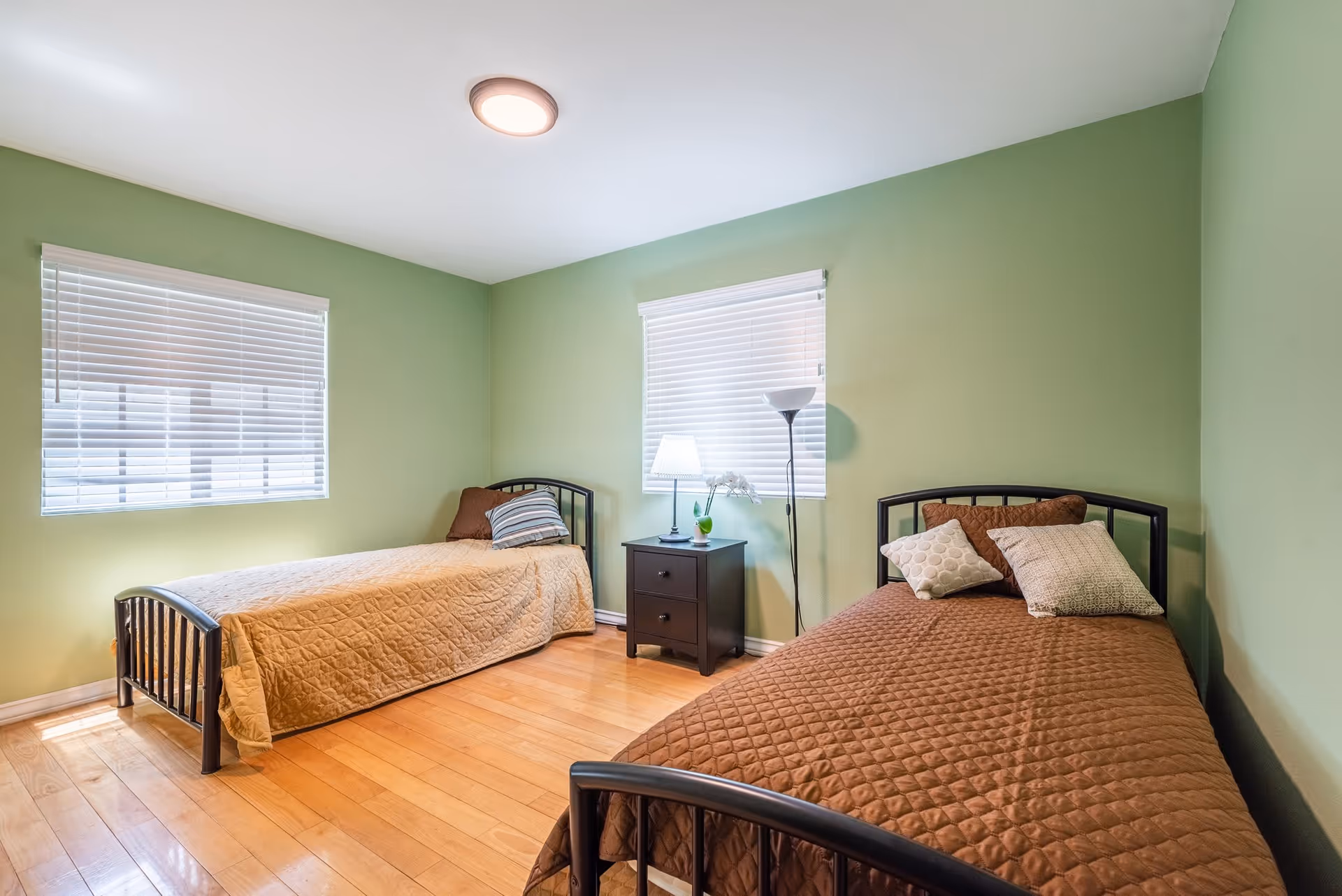 A bedroom with two single beds, each with a metal frame and brown quilted bedspreads. There is a small black nightstand between the beds with a table lamp and a small plant. The walls are painted light green, and there are two windows with white blinds. The floor is wooden.