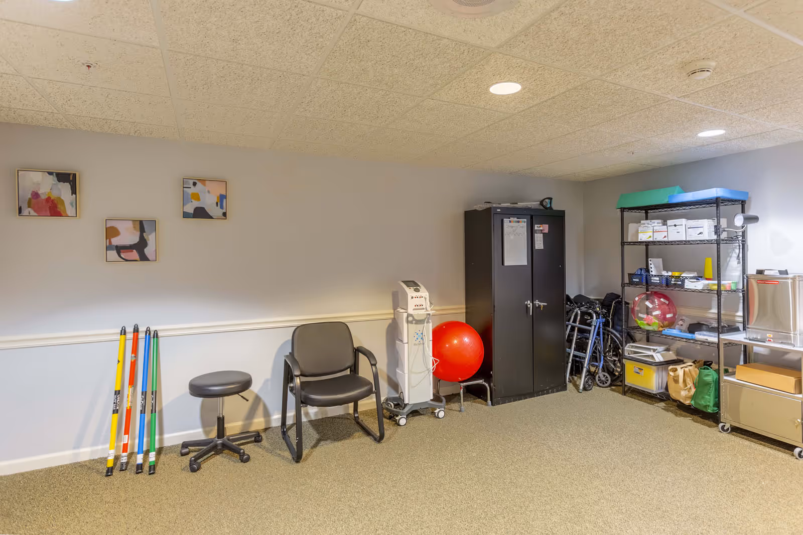 A therapy or activity room with exercise equipment including colorful poles, a black stool, a black chair, a red exercise ball, a medical device on wheels, a black storage cabinet, a metal shelving unit with various supplies, and a walker. The walls are light gray with three abstract paintings hanging, and the ceiling has recessed lighting.