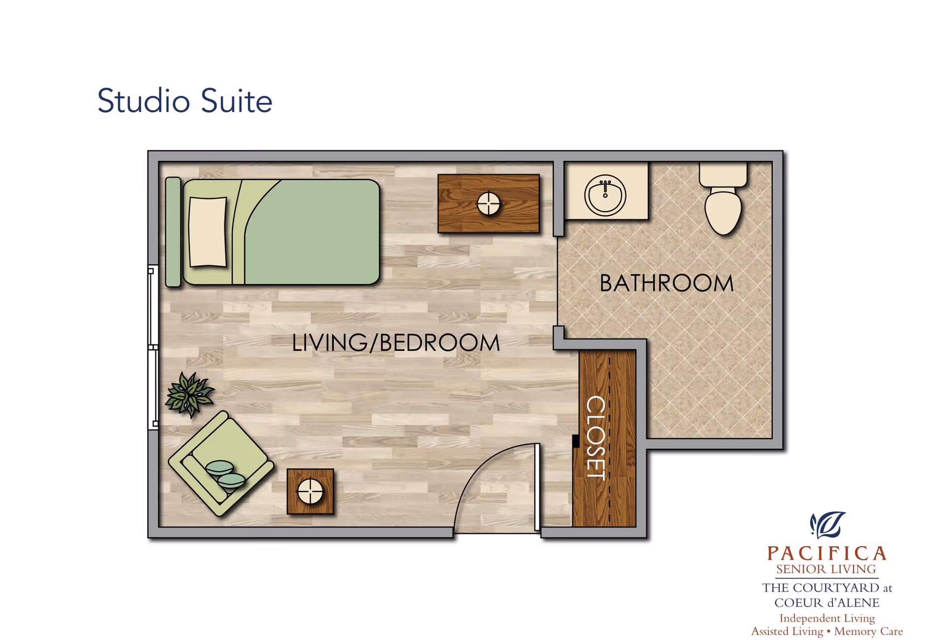 Floor plan of a studio suite at a senior living facility showing a combined living and bedroom area with a bed, chair, two tables, and a plant. There is a closet near the entrance and a separate bathroom with a sink and toilet.