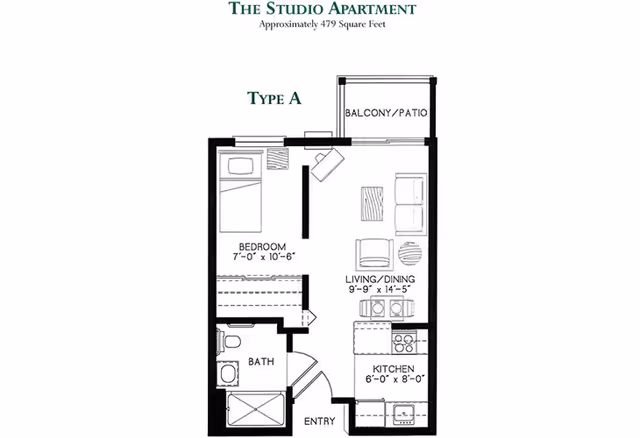 Floor plan of a studio apartment labeled Type A with approximately 479 square feet. The layout includes a bedroom measuring 7 feet by 10 feet 6 inches, a combined living and dining area measuring 9 feet 9 inches by 14 feet 5 inches, a kitchen measuring 6 feet by 8 feet, a bathroom, an entry area, and a balcony or patio.
