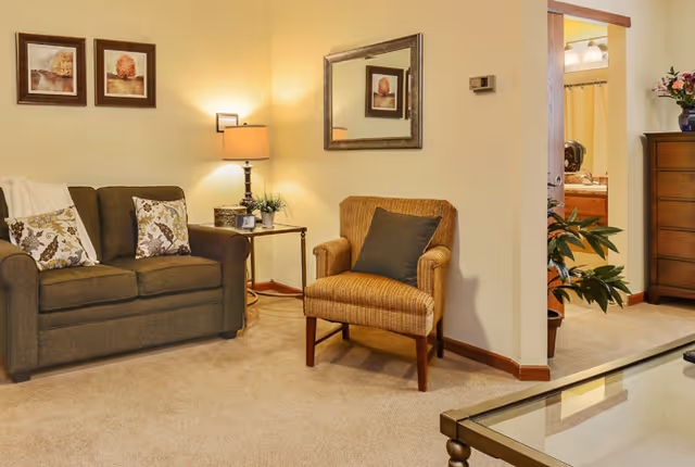 A cozy living room area with a brown loveseat adorned with two patterned pillows, a cushioned armchair with a dark pillow, a side table with a lamp and small plant, a wall mirror, and framed artwork. The room has beige walls and carpeted floor. In the background, there is a glimpse of a bathroom and a wooden dresser with a vase of flowers.