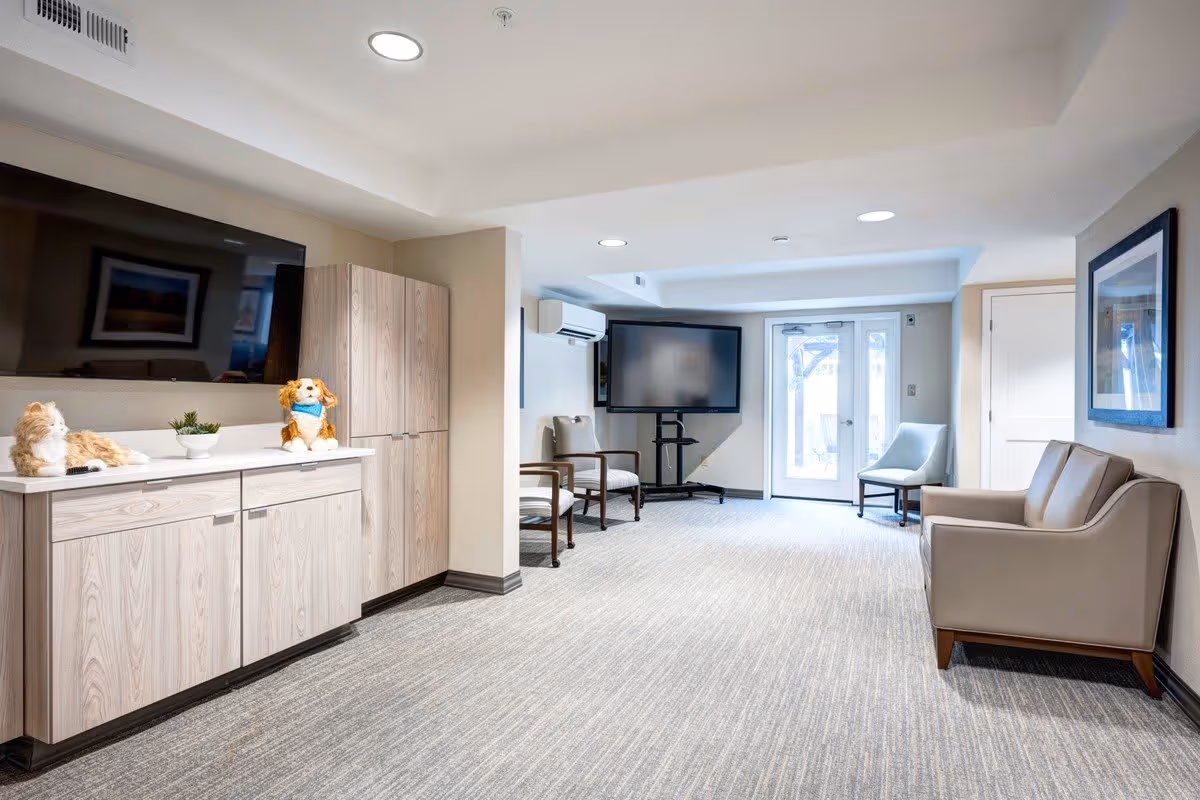 A bright and spacious common area in a senior living facility featuring light wood cabinetry with decorative stuffed animals and a small plant on top, a large flat-screen TV mounted on the wall, several chairs arranged around the room, a large TV on a stand near glass double doors leading outside, and a framed picture on the wall.