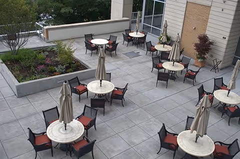Outdoor patio area with multiple round tables, each surrounded by four chairs with red cushions. Several tables have closed beige umbrellas in the center. There are plants and small trees along the edges of the patio, and a building wall with windows is visible on one side.