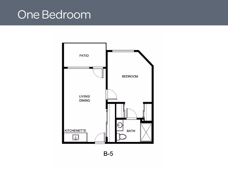 Floor plan of a one-bedroom apartment at Holiday Indigo Pines, featuring a patio, living/dining area, kitchenette, bedroom, and bathroom.