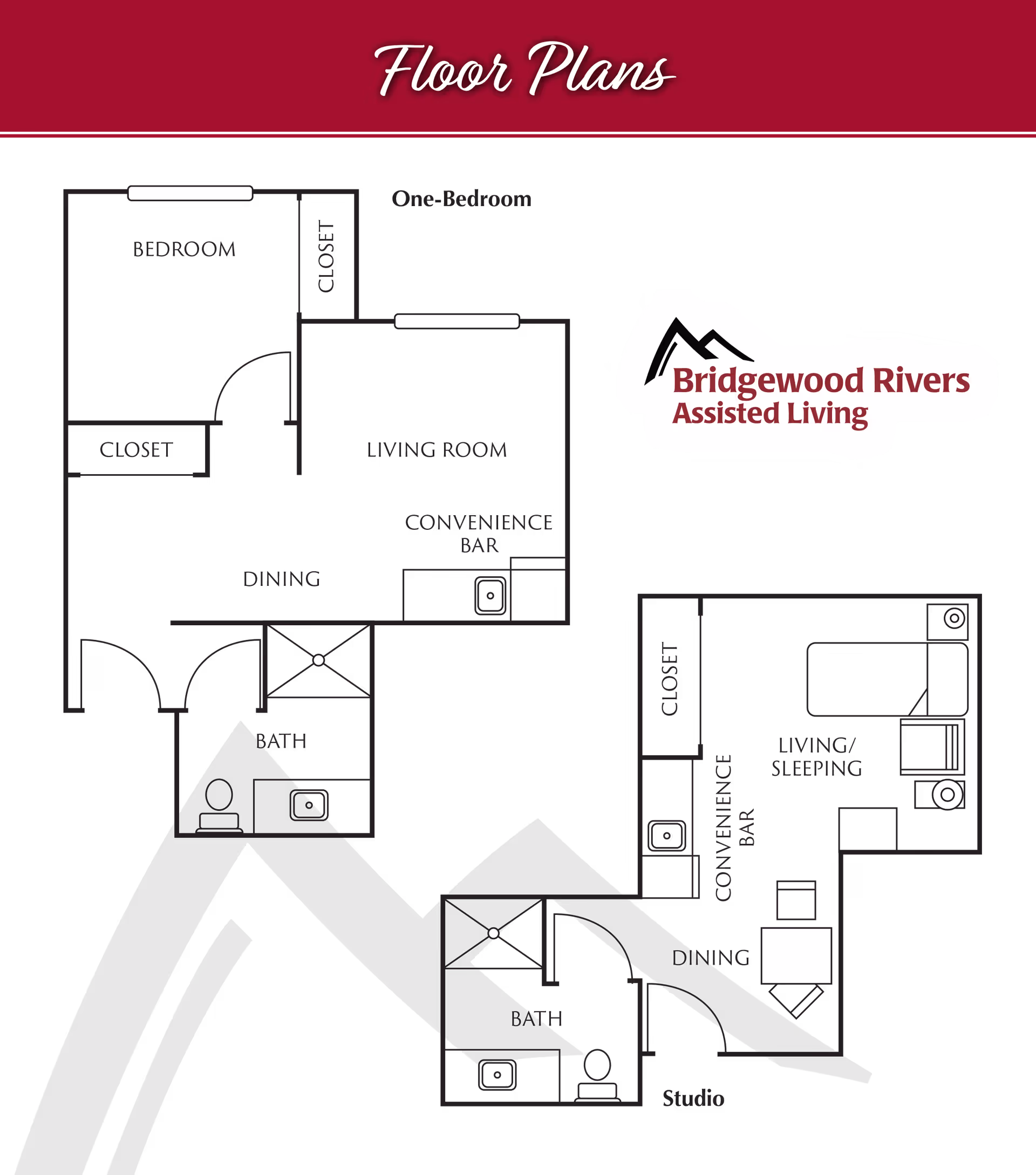 Floor plans for Bridgewood Rivers Assisted Living showing layouts for a one-bedroom apartment with bedroom, living room, dining area, convenience bar, closets, and bath, and a studio apartment with living/sleeping area, dining, convenience bar, closet, and bath.