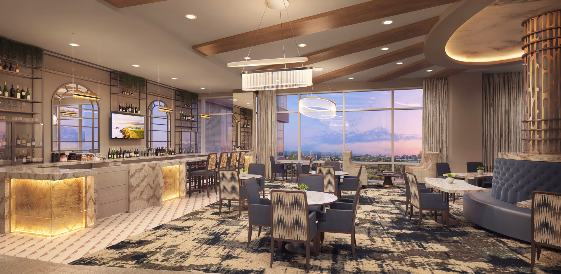 Spacious elegant dining and lounge area featuring a marble bar, round tables and upholstered chairs with floor-to-ceiling windows showing a city sunset.