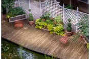 Wooden deck patio with potted plants, lattice fence, small round stools, and a pond at the deck edge.