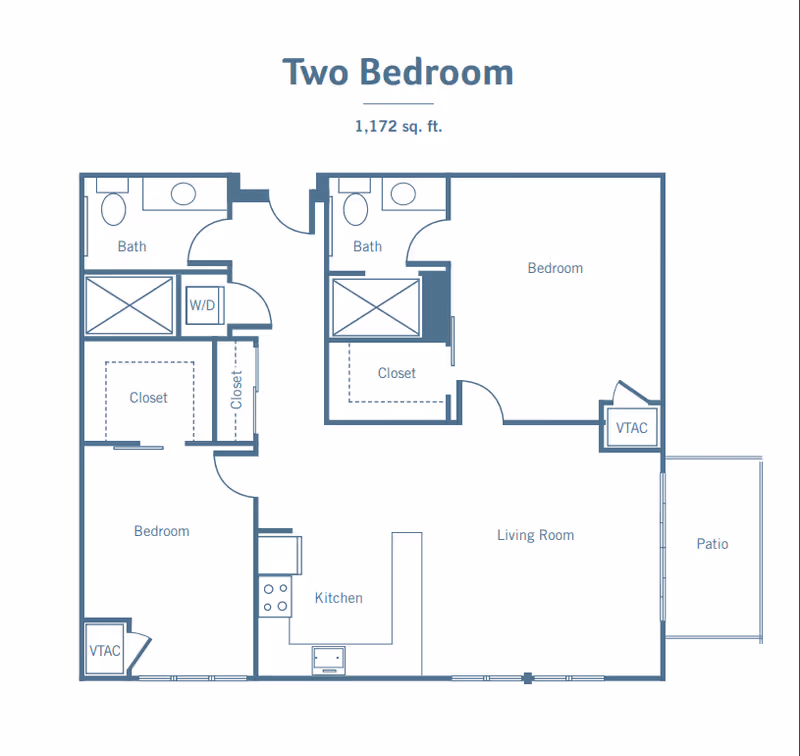 Blueprint-style two-bedroom, two-bath floor plan showing living room, kitchen, closets, and a patio.