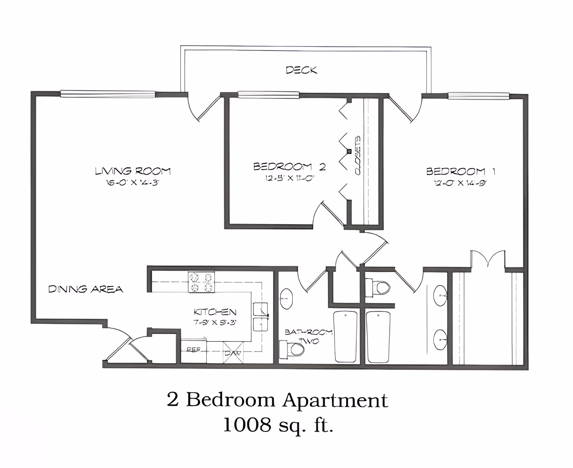 Floor plan of a 2 bedroom apartment with a total area of 1008 square feet. The layout includes a living room, dining area, kitchen, two bedrooms, two bathrooms, closets, and a deck.