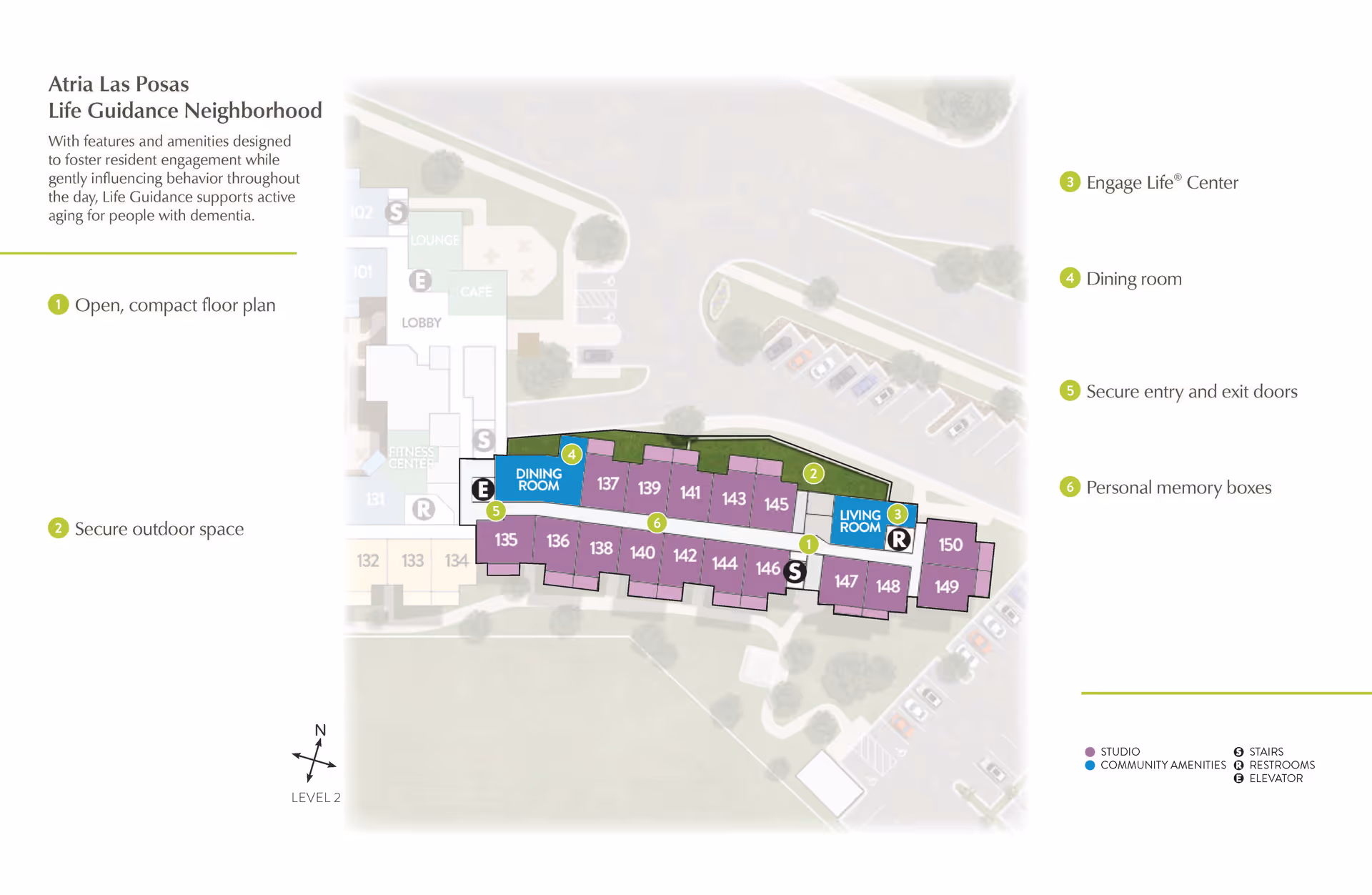 Floor plan of Atria Las Posas Life Guidance Neighborhood showing an open, compact layout with labeled areas including dining room, living room, secure outdoor space, Engage Life Center, secure entry and exit doors, and personal memory boxes. The plan highlights studio rooms numbered 135 to 150, community amenities, stairs, restrooms, and elevator locations.
