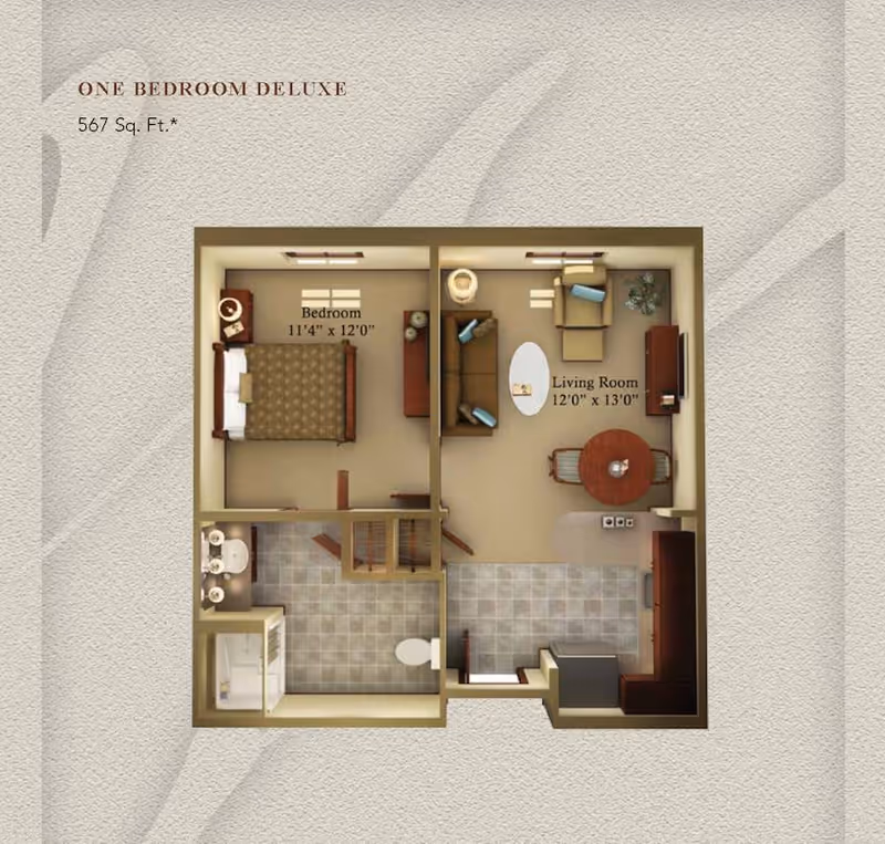 Floor plan of a one bedroom deluxe apartment with 567 square feet. The layout includes a bedroom measuring 11 feet 4 inches by 12 feet, a living room measuring 12 feet by 13 feet, a kitchen area, and a bathroom with a shower, toilet, and sink.