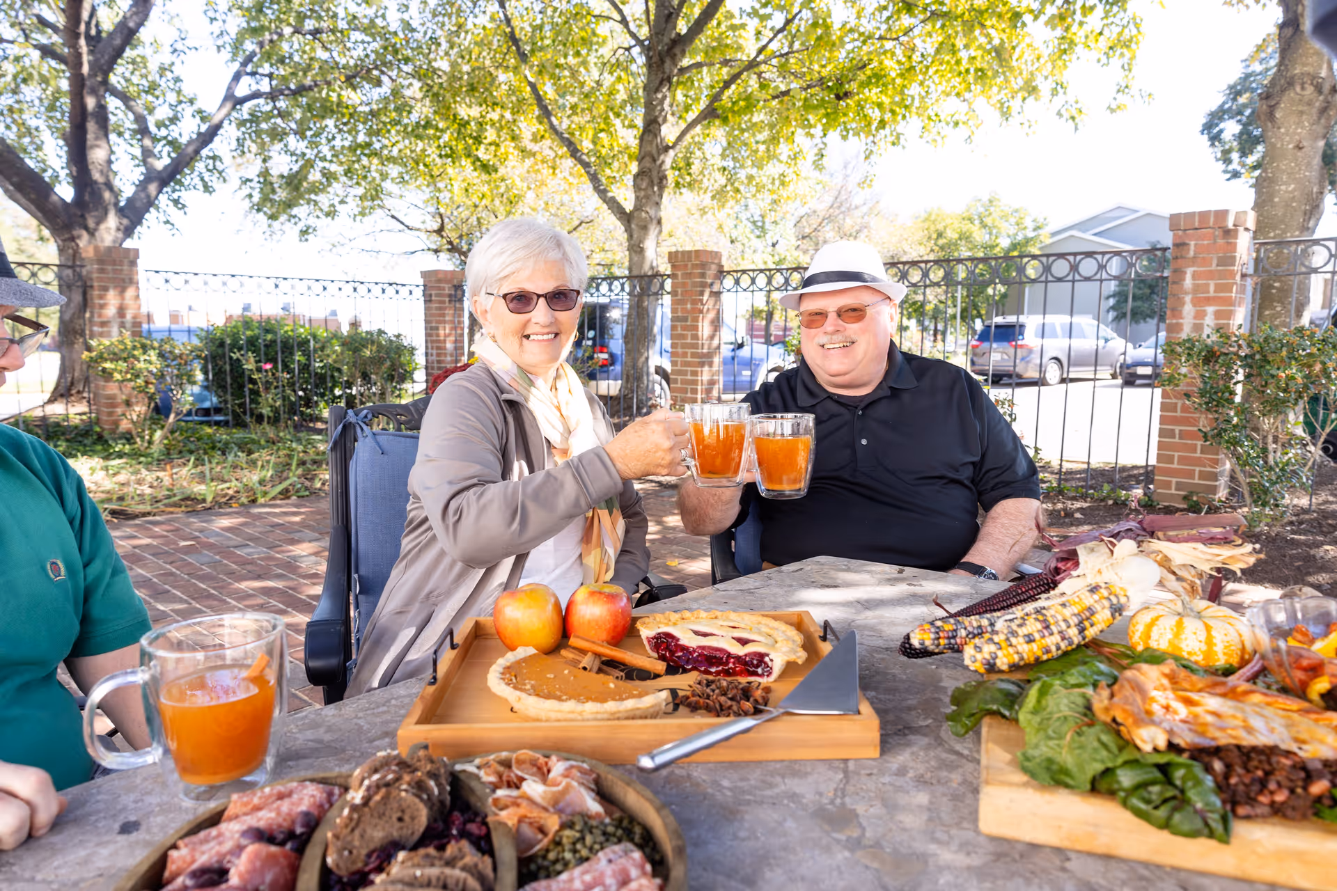 Two elderly people sitting outdoors at a stone table, smiling and clinking glasses filled with a light brown beverage. The table is set with autumn-themed food including pies, apples, corn, leafy greens, and a charcuterie board. Trees and a brick fence are visible in the background.