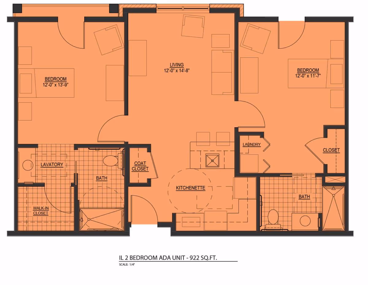 Floor plan of a 2-bedroom ADA unit with a total area of 922 square feet. The layout includes two bedrooms, two bathrooms, a living room, a kitchenette, a laundry area, a coat closet, and a walk-in closet. The bedrooms and living room are furnished with beds, chairs, and sofas.