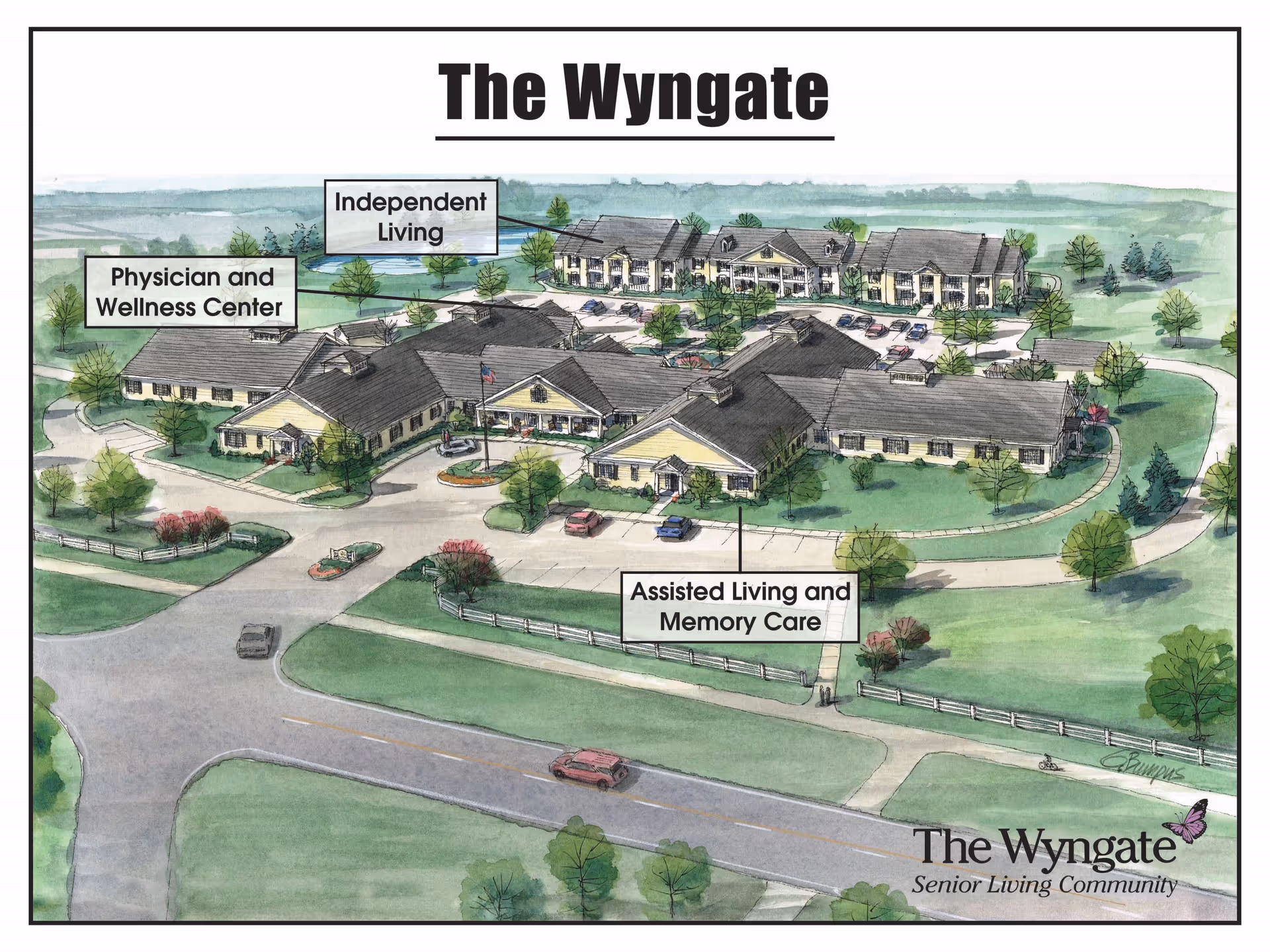 Illustrated aerial view of The Wyngate Senior Living Community showing labeled sections for Independent Living, Physician and Wellness Center, and Assisted Living and Memory Care buildings surrounded by trees, roads, and parking areas.