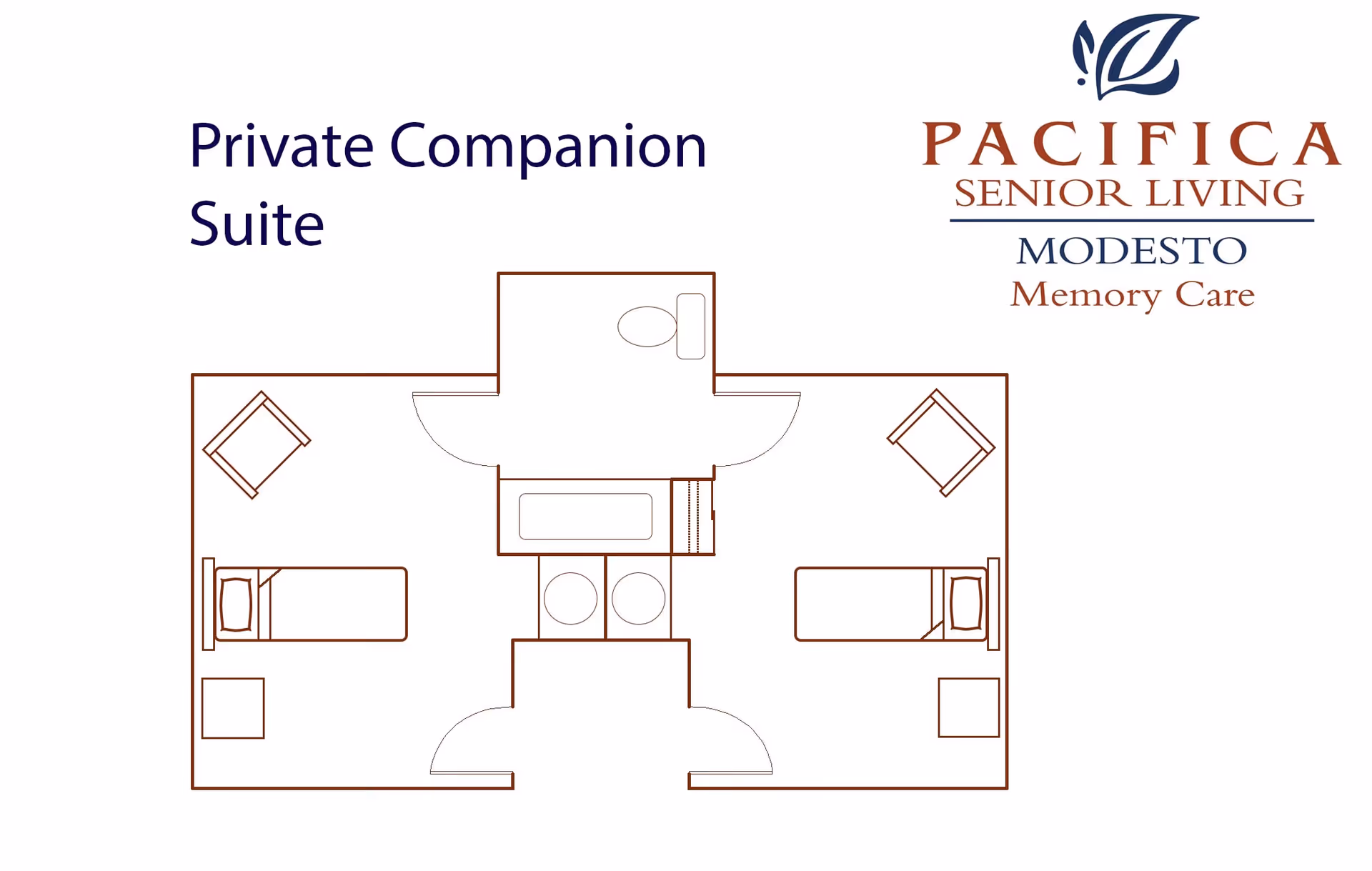 Floor plan of a Private Companion Suite showing two separate sleeping areas each with a bed, chair, and small table, connected by a shared bathroom with two sinks and a toilet.