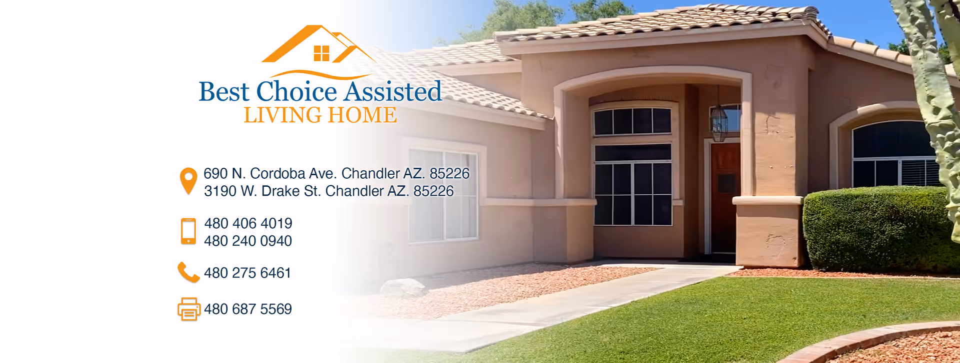 Front entrance of a single-story assisted living home with a lawn and contact information and logo on the left.