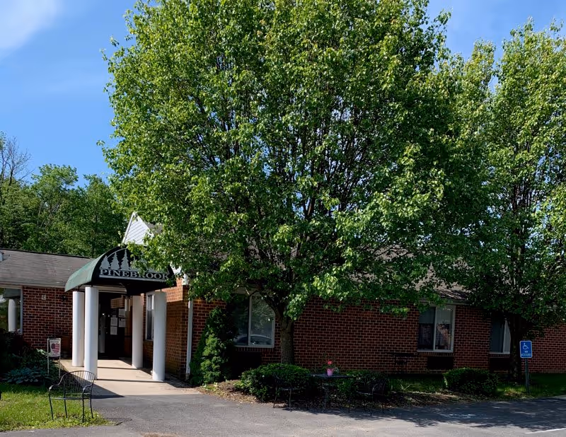 Brick building front of a senior living facility with a tree-shaded entrance canopy labeled 'PINEBROOK'.