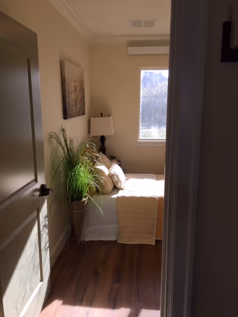Sunlit small bedroom with a neatly made bed, decorative pillows, a bedside lamp, a potted plant, and a window.
