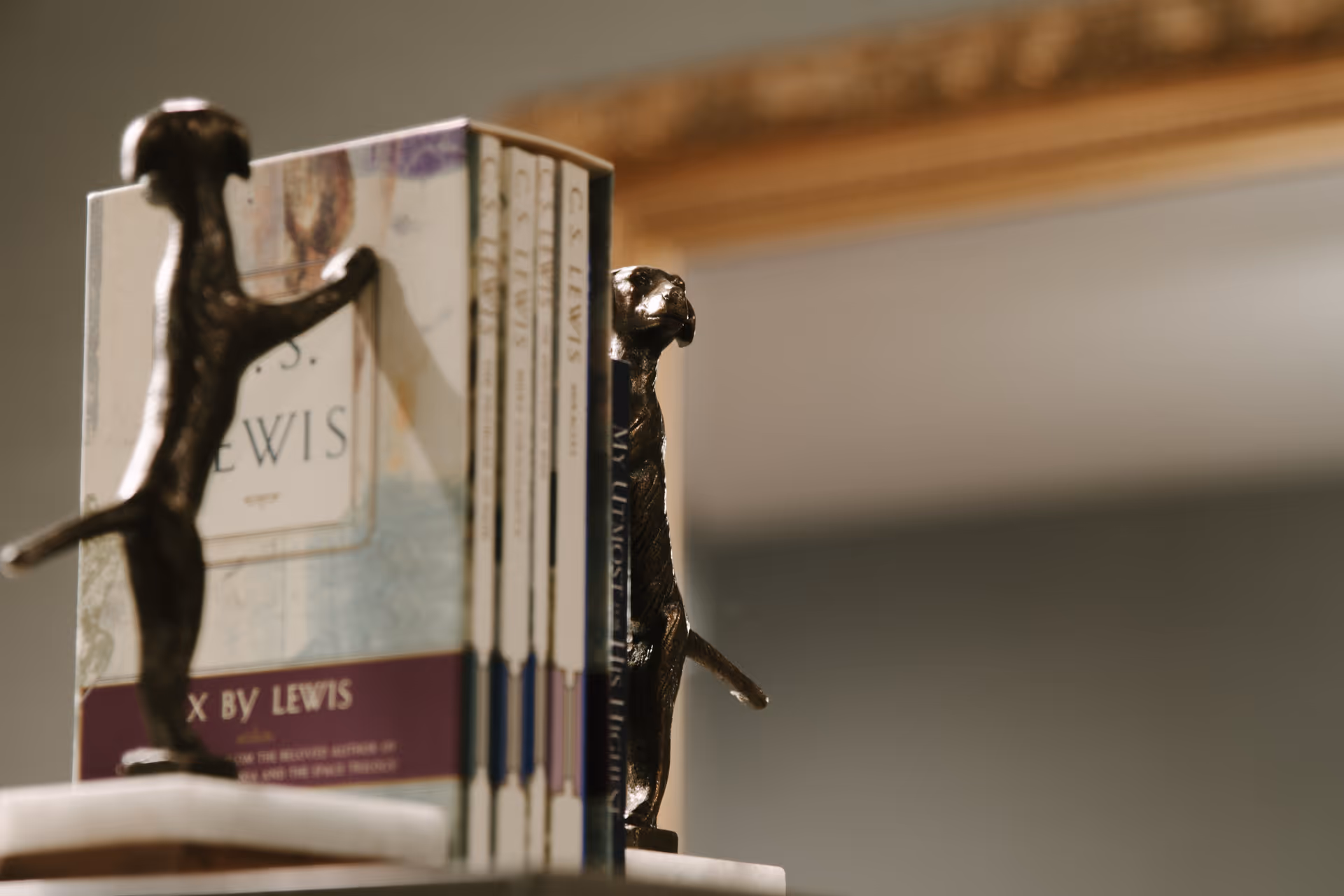 Close-up of a set of books held upright by two bronze meerkat-shaped bookends on a white marble base, with a blurred background featuring a gold-framed mirror.