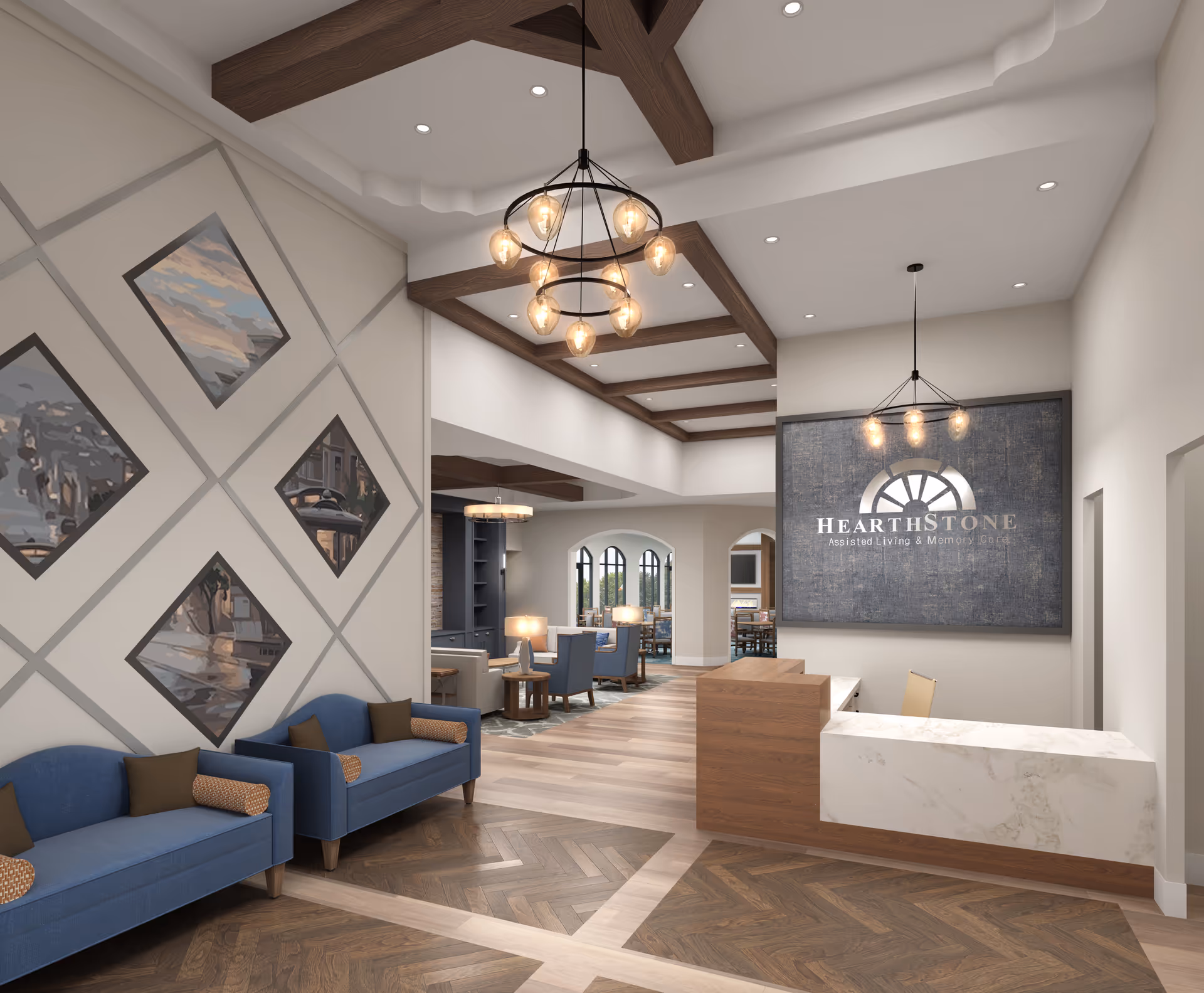 Interior view of a senior living facility lobby with a reception desk on the right, blue sofas with cushions on the left, decorative wall art, wooden ceiling beams, and modern hanging light fixtures. The sign behind the reception desk reads 'HearthStone Assisted Living & Memory Care.'