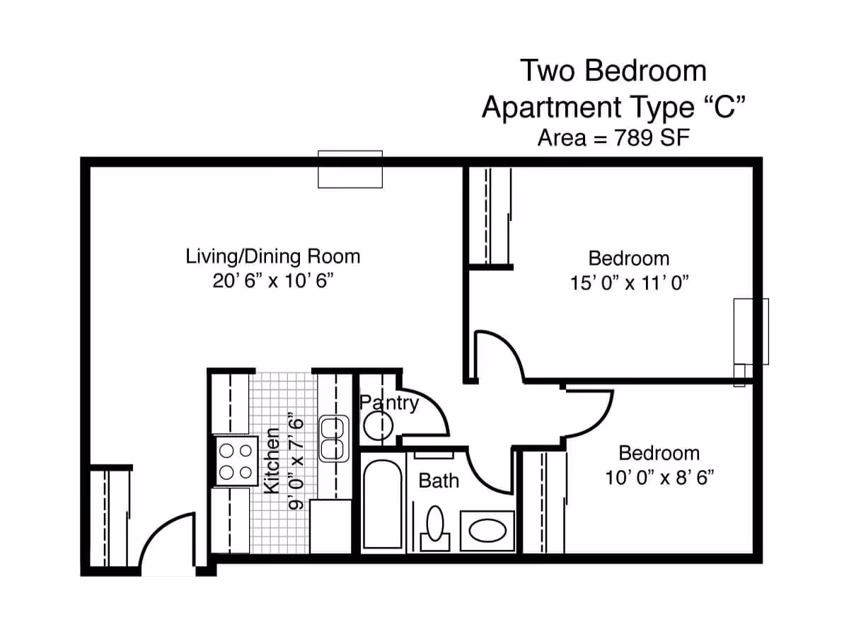 Architectural floor plan of a two-bedroom apartment type C with an area of 789 square feet, showing a living/dining room, kitchen, pantry, bathroom, and two bedrooms with dimensions.
