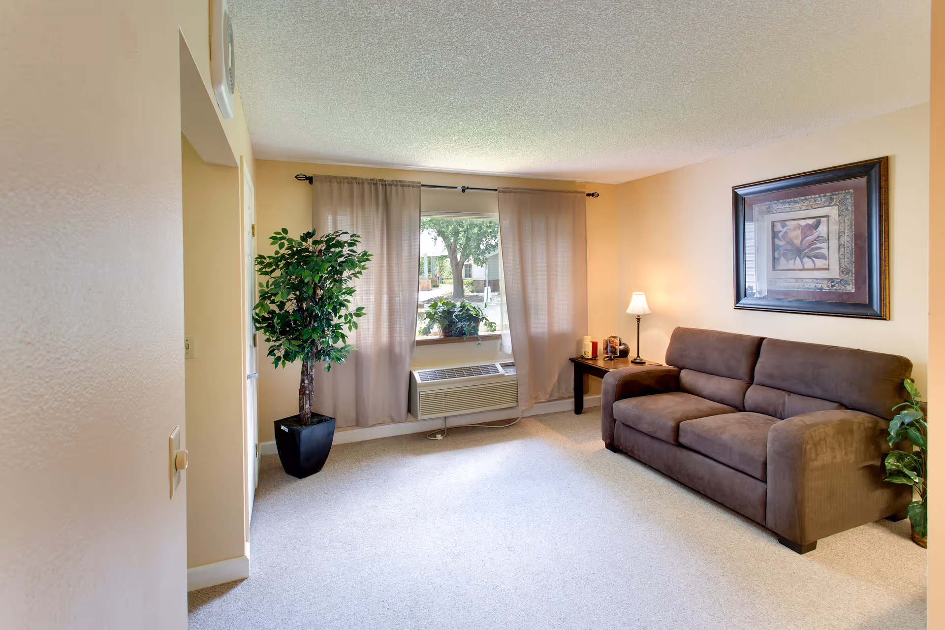 A cozy living room with beige walls and carpet, featuring a brown sofa, a side table with a lamp and decorative items, a large framed floral artwork on the wall, a window with sheer curtains, an air conditioning unit below the window, and two potted plants.