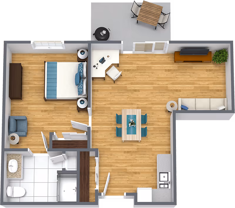 Top-down view of a one-bedroom apartment floor plan featuring a bedroom with a bed, dresser, armchair, and two nightstands. Adjacent is a bathroom with a toilet, sink, and shower. The main living area includes a dining table with four chairs, a living room with a sofa, TV on a stand, and a side table. There is also a kitchen area with a sink and counter space. Outside, there is a patio with a table and four chairs and a small round grill.