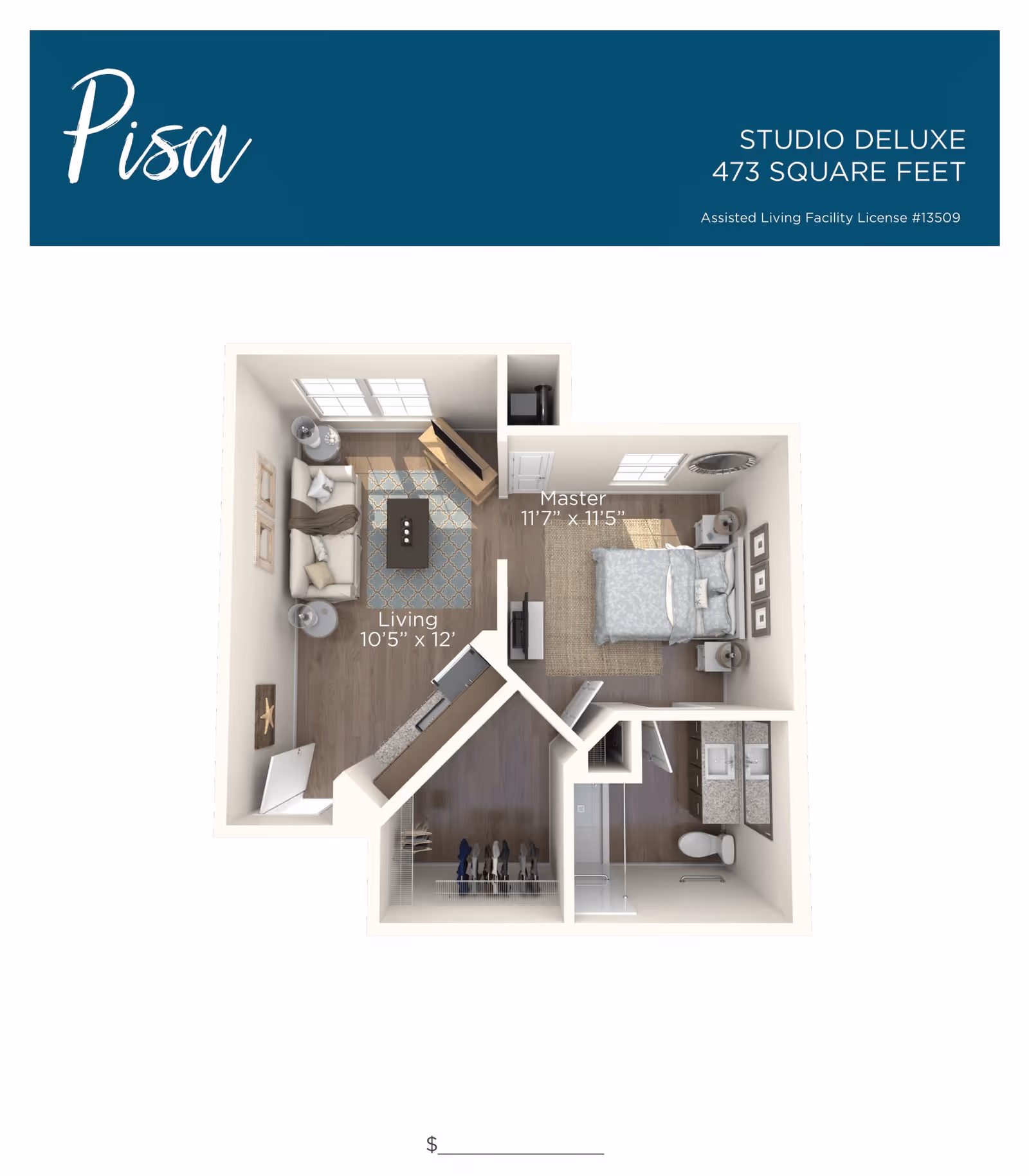 3D floor plan of a studio deluxe apartment named Pisa with 473 square feet, showing a living area with sofa and TV, a master bedroom with a bed and nightstands, a bathroom with double sinks and a toilet, and a closet area.