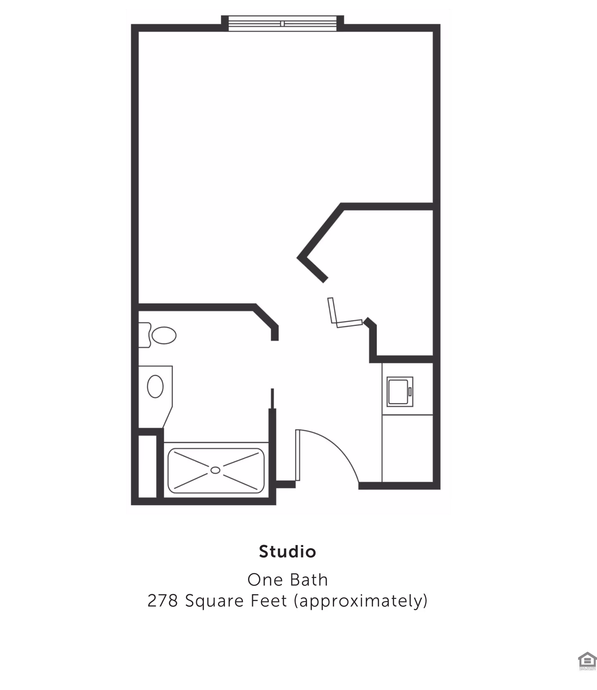 Black-and-white floor plan of a studio apartment showing a bathroom, kitchenette, and entry door.