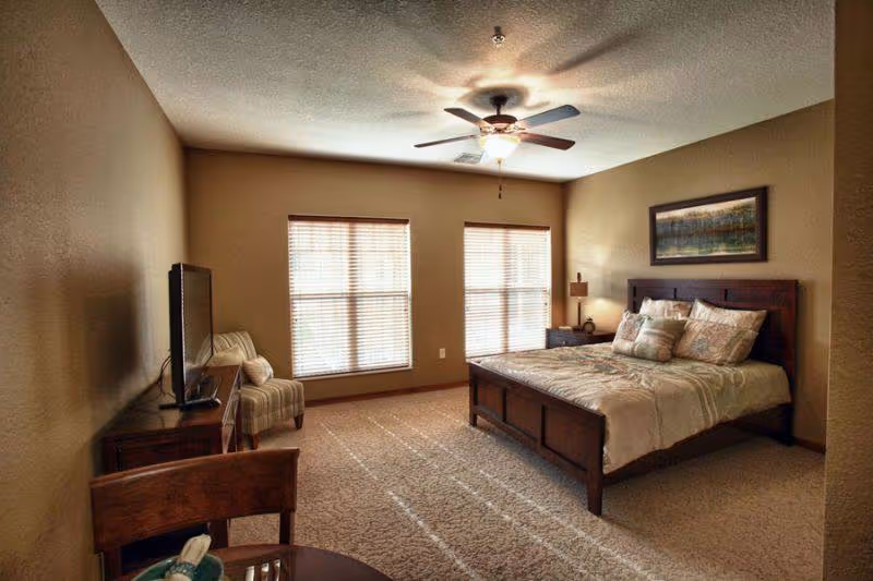 Well-lit bedroom with a wooden bed, bedside table, TV on a dresser, an armchair, two windows with blinds, and a ceiling fan.