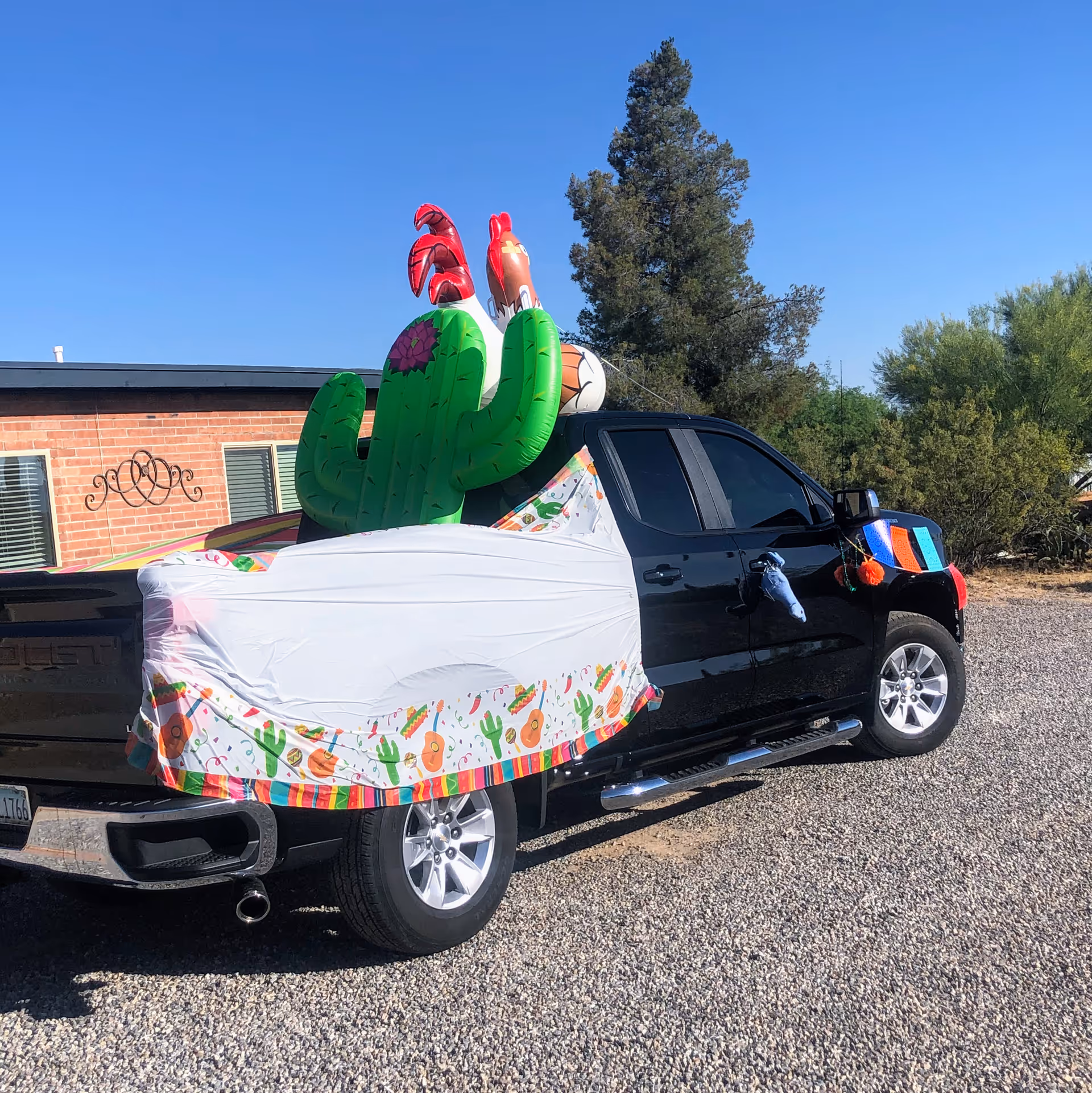 Black pickup truck decorated with a large inflatable cactus and rooster in the truck bed, covered with a white cloth featuring colorful patterns of cacti and guitars. The truck is parked on a gravel surface with a brick building and trees in the background under a clear blue sky.